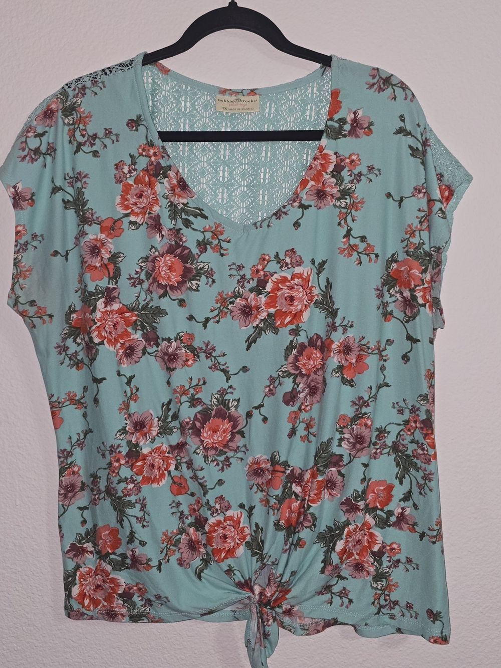 Bobbie Brooks Mint Floral V-Neck Short Sleeve Tie-Front Top